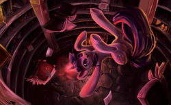 Size: 3600x2200 | Tagged: safe, artist:iamthecowboysmuggler, twilight sparkle, pony, unicorn, book, color porn, cute, falling, female, golden oaks library, happy, high res, levitation, library, magic, mare, open mouth, smiling, solo, telekinesis, twiabetes, underhoof