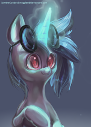 Size: 764x1060 | Tagged: safe, artist:iamthecowboysmuggler, dj pon-3, vinyl scratch, pony, unicorn, bust, cute, female, glowing horn, gradient background, magic, mare, raised hoof, smiling, solo, sunglasses