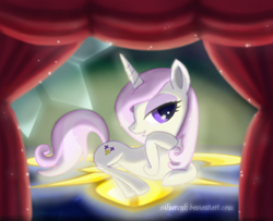 Size: 770x625 | Tagged: safe, artist:zymonasyh, fleur-de-lis, pony, unicorn, bedroom eyes, chibi, female, mare, prone, solo, stage