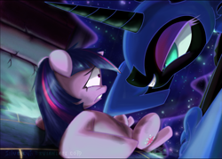 Size: 2289x1638 | Tagged: safe, artist:zymonasyh, nightmare moon, twilight sparkle, alicorn, pony, unicorn, friendship is magic, bad end, evil grin, eye contact, female, looking at each other, mare, on back, scared