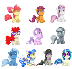 Size: 1600x1537 | Tagged: safe, artist:loyaldis, apple bloom, diamond tiara, dj pon-3, octavia melody, sapphire shores, scootaloo, silver spoon, sweetie belle, trixie, twist, vinyl scratch, earth pony, pegasus, pony, unicorn, bow, bowtie, chibi, clothes, cutie mark crusaders, female, filly, glasses, happy, jewelry, mare, simple background, sitting, smiling, tiara, transparent background
