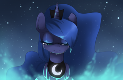 Size: 1018x658 | Tagged: dead source, safe, artist:loyaldis, princess luna, alicorn, pony, bust, crying, eyes closed, female, horn, jewelry, lidded eyes, mare, night, portrait, regalia, sad, solo, standing, stars, tiara