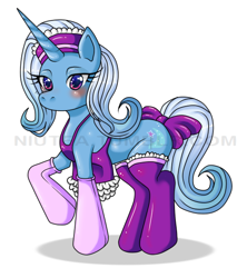 Size: 554x625 | Tagged: dead source, safe, artist:niutea, trixie, pony, unicorn, blushing, clothes, female, maid, mare, simple background, solo, watermark