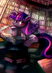 Size: 1240x1753 | Tagged: dead source, safe, artist:ouroporos, twilight sparkle, pony, unicorn, book, female, library, mare, pile, quill, sitting, solo