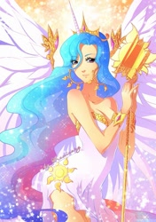 Size: 705x1000 | Tagged: safe, artist:kaminary-san, princess celestia, human, bracelet, clothes, dress, earring, female, horned humanization, humanized, looking at you, smiling, solo, spread wings, staff, winged humanization