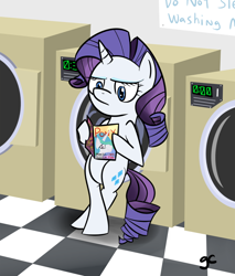 Size: 836x981 | Tagged: safe, artist:grilledcat, princess celestia, rarity, alicorn, pony, unicorn, bipedal, bipedal leaning, female, laundromat, leaning, magazine, mare, people magazine, reading, solo, washing machine