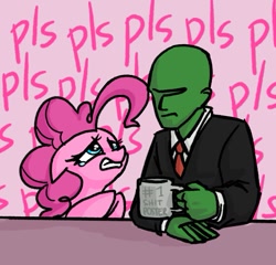 Size: 559x537 | Tagged: safe, artist:plunger, pinkie pie, oc, oc:anon, earth pony, human, pony, 4chan, annoyed, begging, clothes, dialogue, drawthread, mug, necktie, pls, shirt, suit, teary eyes