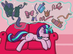 Size: 976x720 | Tagged: safe, artist:kundofox, artist:plunger, color edit, edit, starlight glimmer, oc, oc:nyx, alicorn, pony, unicorn, 4chan, alicorn oc, bow, colored, drawthread, levitation, magic, present, prone, ribbon, sleeping, sofa, telekinesis, tied up, unamused