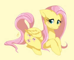 Size: 568x457 | Tagged: safe, artist:mr-tiaa, fluttershy, pegasus, pony, blushing, female, floppy ears, happy, mare, prone, simple background, solo