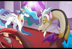 Size: 1002x680 | Tagged: safe, artist:mr-tiaa, discord, princess celestia, alicorn, pony, angry, duo, female, floppy ears, mare