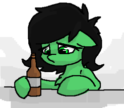 Size: 333x289 | Tagged: safe, artist:plunger, oc, oc only, oc:anon filly, pony, alcohol, beer, beer bottle, female, filly, sad