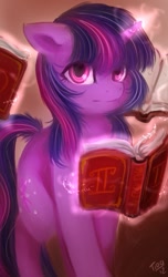 Size: 405x665 | Tagged: safe, artist:mr-tiaa, twilight sparkle, unicorn twilight, pony, unicorn, book, female, looking at you, magic, mare, solo