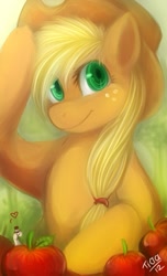 Size: 405x665 | Tagged: safe, artist:mr-tiaa, applejack, earth pony, pony, worm, apple, female, hat, heart, looking at you, mare, monocle, smiling, solo, top hat