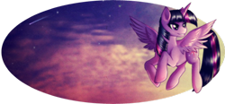 Size: 1024x476 | Tagged: safe, artist:rizcifra, twilight sparkle, twilight sparkle (alicorn), alicorn, pony, female, flying, hilarious in hindsight, mare, shooting star, smiling, solo, wings