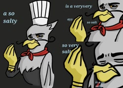 Size: 1114x797 | Tagged: safe, artist:plunger, gustave le grande, griffon, 4chan, chef's hat, drawthread, eyes closed, facial hair, frown, gray background, hat, lidded eyes, looking at you, male, meme, moustache, ponified meme, reaction image, salty, simple background, solo