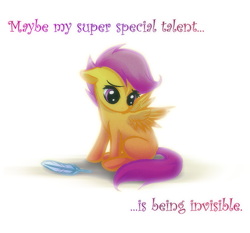 Size: 563x525 | Tagged: safe, artist:rizcifra, scootaloo, pegasus, pony, feather, female, filly, floppy ears, looking down, oh it is sad day, sad, scootalone, scootaloo can't fly, simple background, sitting, solo, spread wings