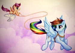 Size: 1000x704 | Tagged: safe, artist:rizcifra, rainbow dash, scootaloo, pegasus, pony, female, filly, flying, harness, mare, rope, scootaloo can't fly, scootalove, sky, tack, talespin, trapeze