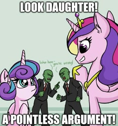 Size: 500x534 | Tagged: safe, artist:plunger, princess cadance, princess flurry heart, oc, oc:anon, alicorn, human, pony, 4chan, argument, clothes, crown, dialogue, drawthread, eye contact, horseshoes, image macro, jewelry, looking at each other, meme, necktie, pants, peytral, pointing, regalia, shirt, suit