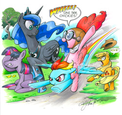 Size: 900x848 | Tagged: safe, artist:andypriceart, applejack, pinkie pie, princess luna, rainbow dash, twilight sparkle, unicorn twilight, alicorn, earth pony, pegasus, pony, unicorn, censored vulgarity, facehoof, female, flying, goggles, grawlixes, mare, ponies riding ponies, swearing, traditional art, underhoof