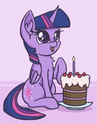 Size: 590x753 | Tagged: safe, artist:plunger, twilight sparkle, twilight sparkle (alicorn), alicorn, pony, 4chan, cake, candle, cute, drawthread, food, sitting, solo, twiabetes, wingding eyes