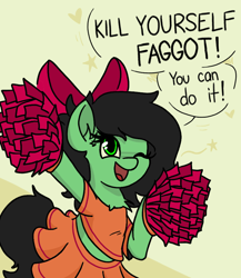 Size: 800x920 | Tagged: safe, artist:plunger, oc, oc only, oc:anon filly, earth pony, pony, /mlp/, cheering, cheerleader, chest fluff, clothes, faggot, female, filly, kill yourself, michelle warner, midriff, one eye closed, pom pom, short shirt, skirt, slur, solo, vulgar