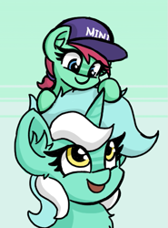 Size: 413x557 | Tagged: safe, artist:plunger, lyra heartstrings, oc, oc:mini, pony, unicorn, /mlp/, 4chan, april fools, april fools 2018, baseball cap, cap, cute, green background, hat, mini me, on top, ponified, ponytail, simple background, team mini