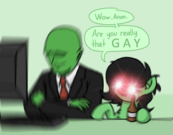 Size: 820x640 | Tagged: safe, artist:plunger, edit, oc, oc:anon, oc:anon filly, earth pony, pony, bitch please, computer, duo, female, filly, glowing eyes, glowing eyes meme, meme, shitposting, speech bubble, ur gay