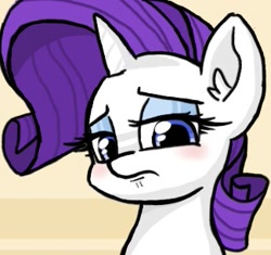 Size: 325x306 | Tagged: safe, artist:plunger, rarity, pony, unicorn, /mlp/, bust, cute, drawthread, female, frown, lidded eyes, looking at you, mare, parody, ponified, portrait, raribetes, reaction image, scene parody, simple background, solo, striped background, zombieland saga