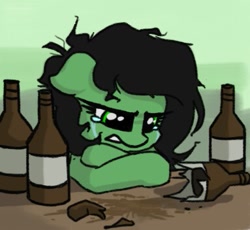 Size: 383x352 | Tagged: safe, artist:plunger, oc, oc only, oc:anon filly, earth pony, pony, alcohol, angry tears, beer, beer bottle, booze, bottle, female, filly