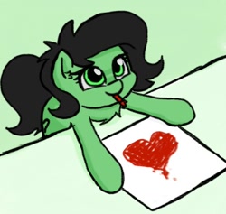 Size: 412x391 | Tagged: safe, artist:plunger, oc, oc only, oc:anon filly, earth pony, pony, crayon, cute, female, filly, heart, mouth hold, ocbetes, solo