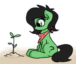 Size: 450x379 | Tagged: safe, artist:plunger, oc, oc only, oc:anon filly, earth pony, pony, bandana, female, filly, plant, sapling, sitting