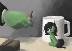 Size: 760x545 | Tagged: safe, artist:plunger, oc, oc only, oc:anon, oc:anon filly, pony, alcohol, beer, beer bottle, booze, box, female, filly, micro, mug, offscreen character, smol, tiny, tiny ponies