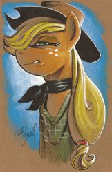 Size: 900x1389 | Tagged: safe, artist:andypriceart, applejack, earth pony, pony, blondie, clothes, female, grimace, mare, solo, squint, squintjack, the man with no name, the pony with no name, traditional art