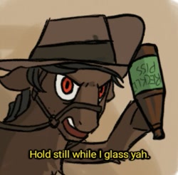 Size: 321x316 | Tagged: safe, artist:plunger, bill the bastard, earth pony, pony, /mlp/, 4chan, angry, australia, bottle, bridle, chest fluff, floppy ears, frown, glare, hat, hoof hold, leg fluff, looking at you, male, meme, open mouth, reins, solo, stallion, tack, underhoof, vulgar, warpone