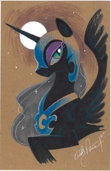 Size: 1086x1674 | Tagged: safe, artist:andypriceart, nightmare moon, alicorn, pony, female, mare, moon, profile, smiling, solo, traditional art