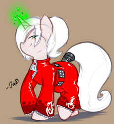 Size: 552x601 | Tagged: safe, artist:0r0ch1, pony, unicorn, ash crimson, clothes, glowing horn, king of fighters, ponified, simple background, snk, solo, tail wrap