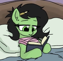Size: 461x450 | Tagged: safe, artist:plunger, oc, oc:anon filly, pony, bandaged chest, bed, bedroom, book, comfy, female, filly, implied injury, pencil, pencil behind ear, pillow, reading, solo, spoilers for another series