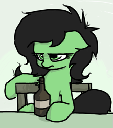 Size: 559x633 | Tagged: safe, artist:plunger, oc, oc only, oc:anon filly, pony, /mlp/, 4chan, alcohol, beer, bottle, female, filly, not amused face, simple background, sitting