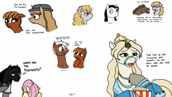 Size: 1600x900 | Tagged: safe, artist:pony quarantine, fluttershy, bucephalus, laili, lucy long, marengo, sergeant reckless, earth pony, horse, pegasus, pony, armor, bridle, cloak, clothes, dress, female, food, food on face, hat, headdress, heart, history, jewelry, mare, nelson, ponified, popcorn, simple background, tack, text, vulgar, warpone, white background