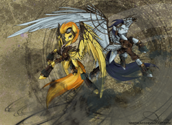 Size: 1372x1000 | Tagged: safe, artist:nastylady, soarin', spitfire, pegasus, pony, abstract background, bomber jacket, clothes, duo, female, flying, goggles, jacket, male, mare, stallion, steampunk