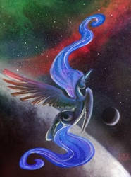 Size: 800x1078 | Tagged: safe, artist:cosmicunicorn, princess luna, alicorn, pony, female, flying, long hair, long mane, long tail, mare, moon, nebula, pretty, rear view, solo, space, stars