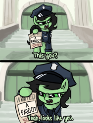 Size: 600x800 | Tagged: safe, artist:plunger, oc, oc:anon filly, pony, faggot, female, filly, hoof hold, police, police uniform, polyblanka, reference, samurai jack, slur, solo, vulgar, wanted poster