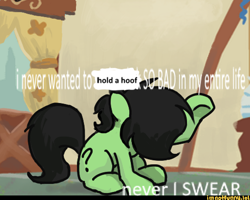 Size: 497x398 | Tagged: safe, artist:plunger, oc, oc only, oc:anon filly, earth pony, pony, caption, female, filly, head down, image macro, question mark, raised hoof, sitting, text, watermark