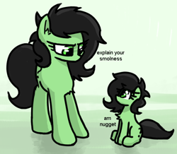 Size: 642x561 | Tagged: safe, artist:plunger, oc, oc only, oc:anon filly, earth pony, pony, chest fluff, cute, ear fluff, eye contact, female, filly, glare, green background, looking at each other, looking down, looking up, ocbetes, ponified animal photo, question mark, simple background, sitting, small pony, smol, text