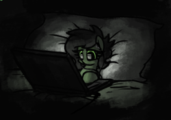 Size: 506x355 | Tagged: safe, artist:plunger, oc, oc only, oc:anon filly, earth pony, pony, bed, blanket, comfy, computer, female, filly, headphones, laptop computer, night, pillow, solo