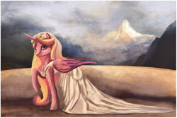 Size: 1109x742 | Tagged: safe, artist:cosmicunicorn, princess cadance, alicorn, pony, clothes, dress, female, mare, mountain, raised hoof, solo