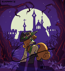 Size: 914x1000 | Tagged: safe, artist:elosande, carrot top, golden harvest, earth pony, pony, backlighting, carrot, castle, castlevania, crossover, female, food, forest, hat, looking at you, looking back, mare, mouth hold, night, rear view, silhouette, solo, weapon, whip