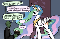 Size: 800x520 | Tagged: safe, artist:plunger, princess celestia, oc, oc:anon, alicorn, pony, ..., /mlp/, cake, cakelestia, condescending, crown, cute, cutelestia, dialogue, duo, female, food, good girl, jewelry, majestic as fuck, mare, peytral, ponified, profile, regalia, speech bubble, that pony sure does love cakes, that princess sure does love cake