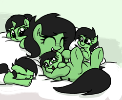 Size: 476x390 | Tagged: safe, artist:plunger, oc, oc only, oc:anon filly, earth pony, pony, unicorn, baby, baby pony, bed, cuddling, cute, diaper, eye shimmer, eyes closed, female, filly, happy, hnnng, ocbetes, pillow, simple background, sleeping, smiling, snuggling, weapons-grade cute