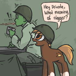 Size: 304x304 | Tagged: safe, artist:plunger, oc, oc:anon, sergeant reckless, earth pony, pony, clothes, confused, context is for the weak, engrish, exclamation point, female, helmet, innocent, male, mare, nigger, shivering, sitting, slur, soldier, speech bubble, spit take, uniform, vulgar, warpone